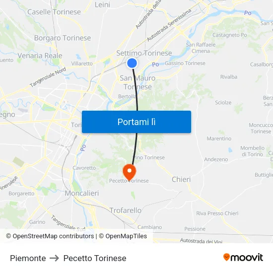 Piemonte to Pecetto Torinese map