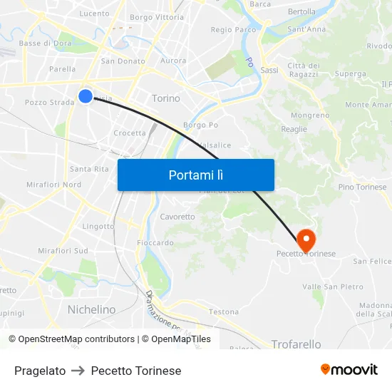 Pragelato to Pecetto Torinese map