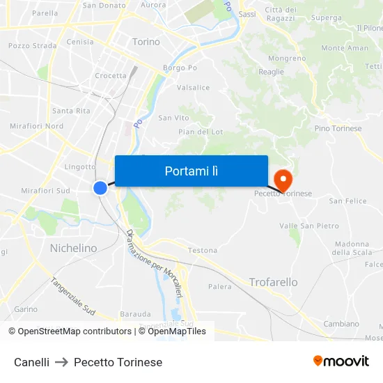 Canelli to Pecetto Torinese map