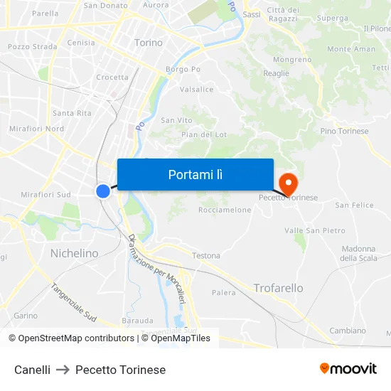Canelli to Pecetto Torinese map
