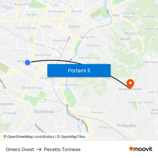 Omero Ovest to Pecetto Torinese map