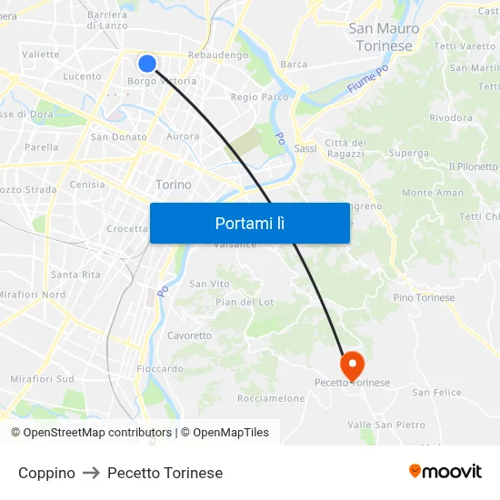 Coppino to Pecetto Torinese map