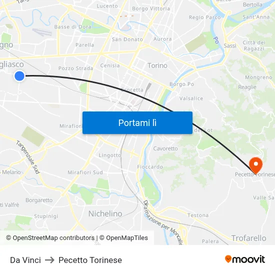 Da Vinci to Pecetto Torinese map