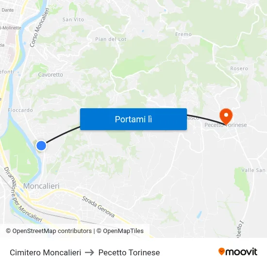 Cimitero Moncalieri to Pecetto Torinese map