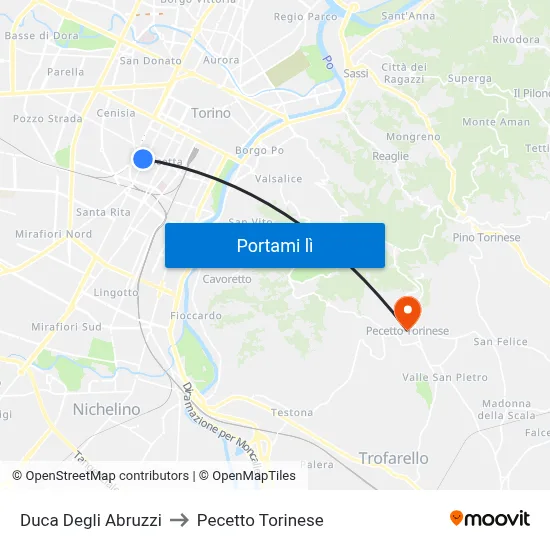 Duca Degli Abruzzi to Pecetto Torinese map