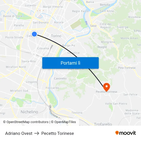 Adriano Ovest to Pecetto Torinese map