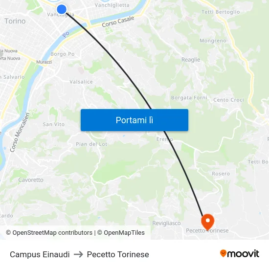 Campus Einaudi to Pecetto Torinese map