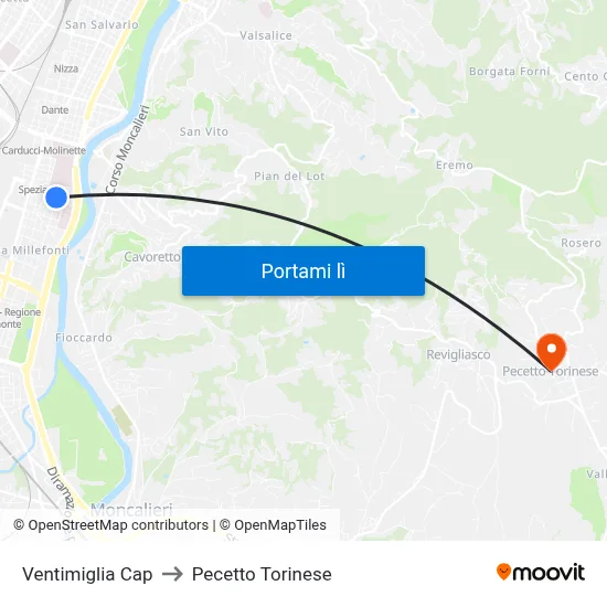 Ventimiglia Cap to Pecetto Torinese map