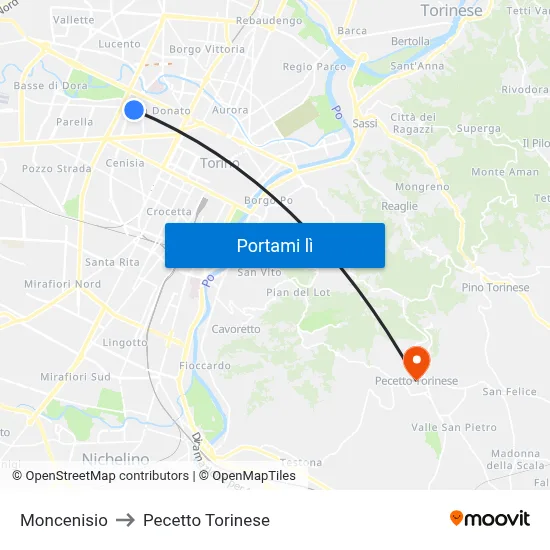 Moncenisio to Pecetto Torinese map
