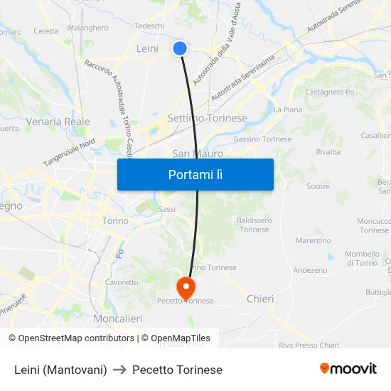 Leini (Mantovani) to Pecetto Torinese map