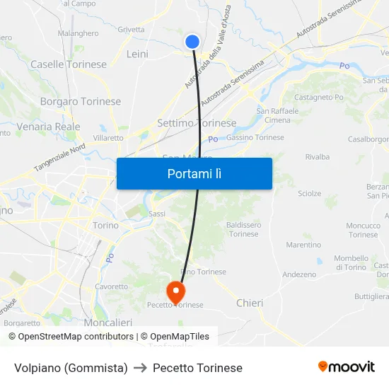 Volpiano (Gommista) to Pecetto Torinese map