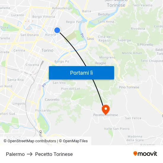 Palermo to Pecetto Torinese map