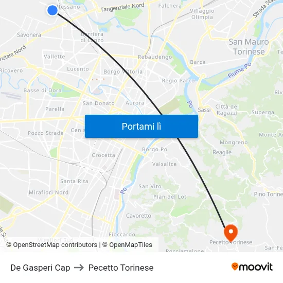 De Gasperi Cap to Pecetto Torinese map