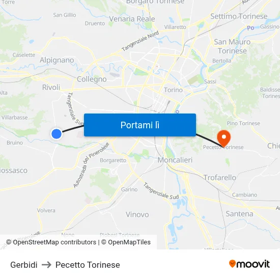 Gerbidi to Pecetto Torinese map