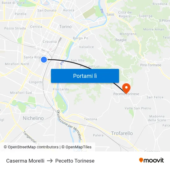Caserma Morelli to Pecetto Torinese map