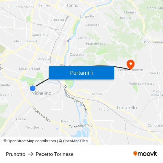 Prunotto to Pecetto Torinese map