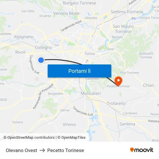 Olevano Ovest to Pecetto Torinese map