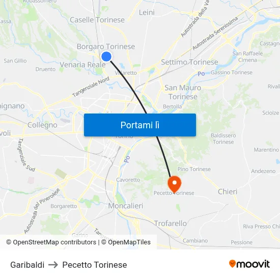 Garibaldi to Pecetto Torinese map
