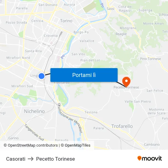Casorati to Pecetto Torinese map