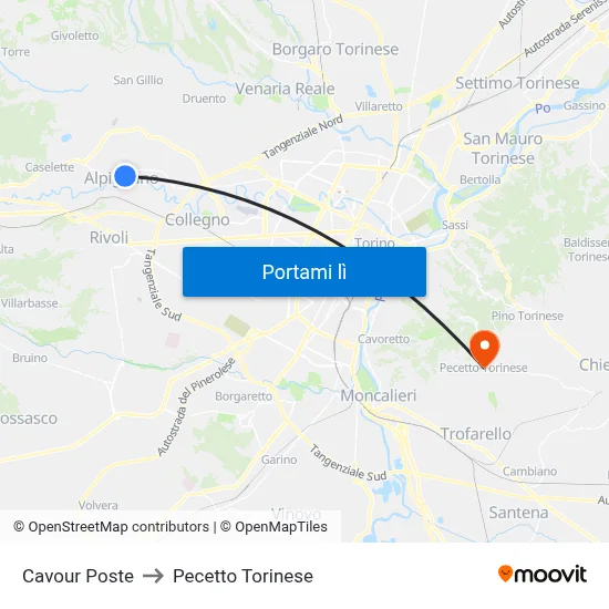 Cavour Poste to Pecetto Torinese map