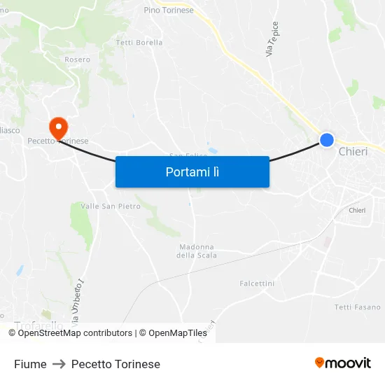 Fiume to Pecetto Torinese map