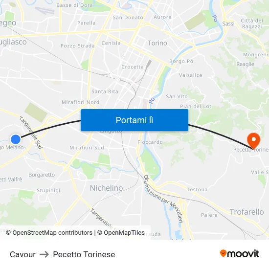 Cavour to Pecetto Torinese map