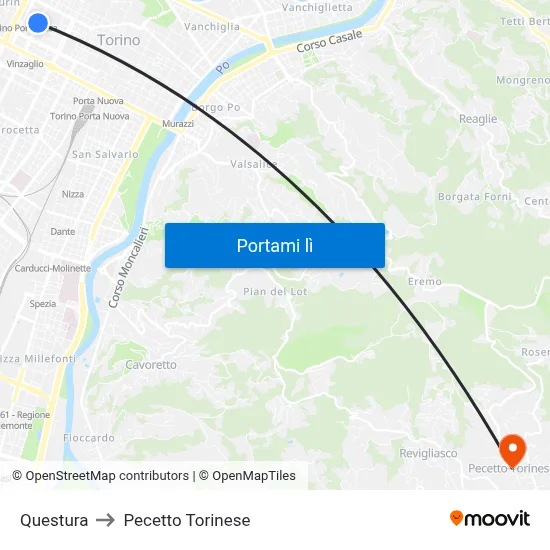 Questura to Pecetto Torinese map