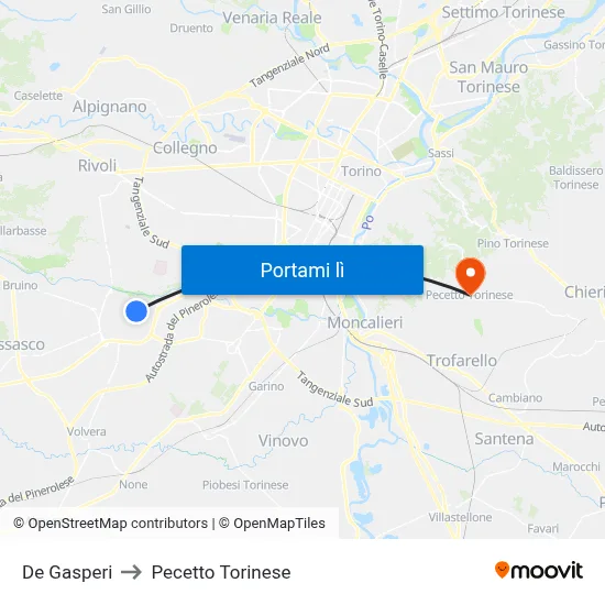 De Gasperi to Pecetto Torinese map