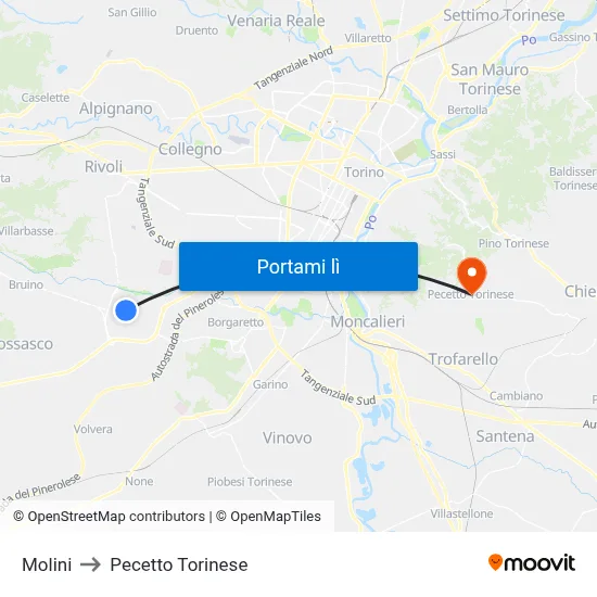 Molini to Pecetto Torinese map