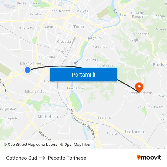 Cattaneo Sud to Pecetto Torinese map