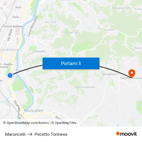 Maroncelli to Pecetto Torinese map