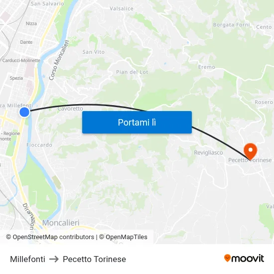 Millefonti to Pecetto Torinese map