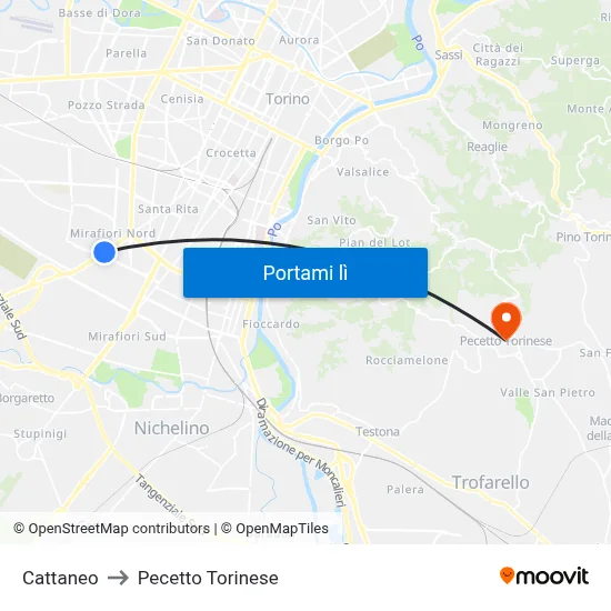 Cattaneo to Pecetto Torinese map