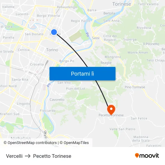 Vercelli to Pecetto Torinese map