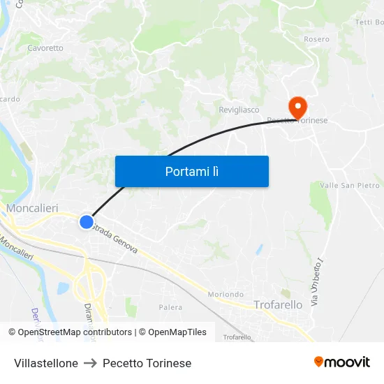 Villastellone to Pecetto Torinese map