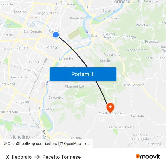 XI Febbraio to Pecetto Torinese map