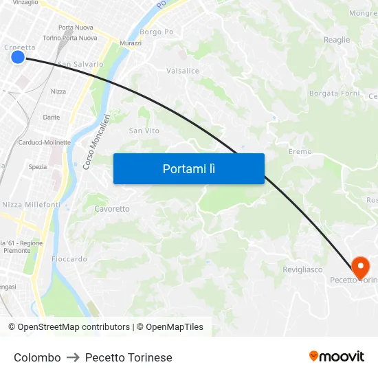 Colombo to Pecetto Torinese map