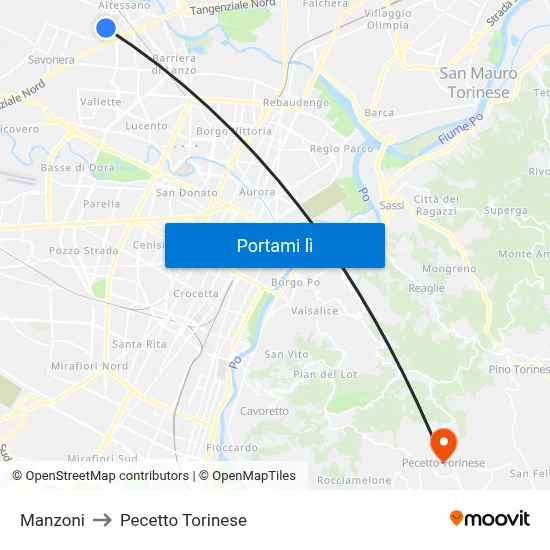 Manzoni to Pecetto Torinese map