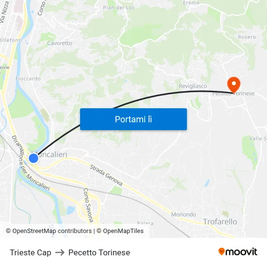Trieste Cap to Pecetto Torinese map