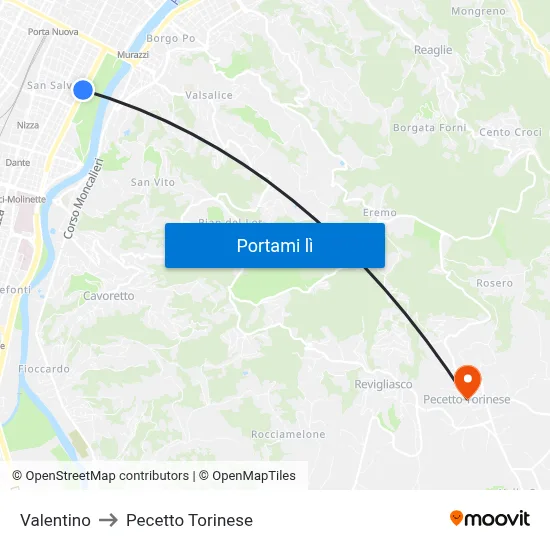 Valentino to Pecetto Torinese map