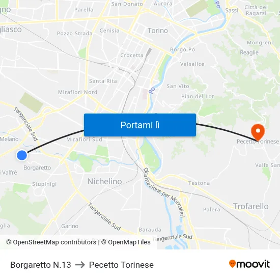 Borgaretto N.13 to Pecetto Torinese map