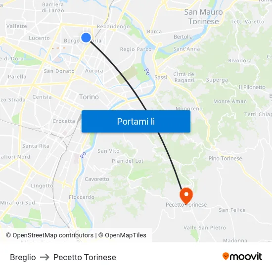 Breglio to Pecetto Torinese map