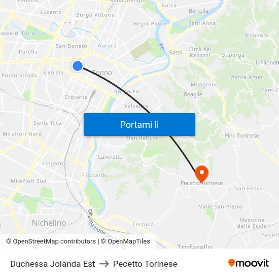 Duchessa Jolanda Est to Pecetto Torinese map
