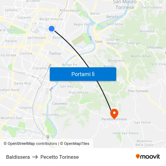 Baldissera to Pecetto Torinese map