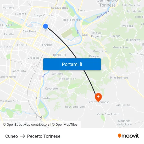 Cuneo to Pecetto Torinese map