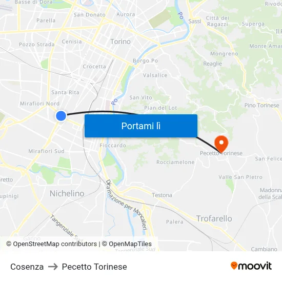 Cosenza to Pecetto Torinese map