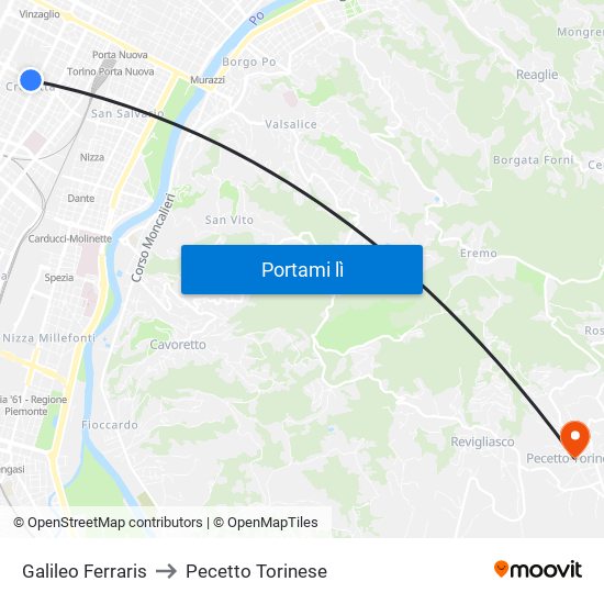 Galileo Ferraris to Pecetto Torinese map
