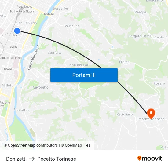 Donizetti to Pecetto Torinese map