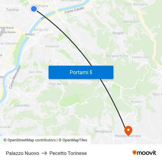 Palazzo Nuovo to Pecetto Torinese map