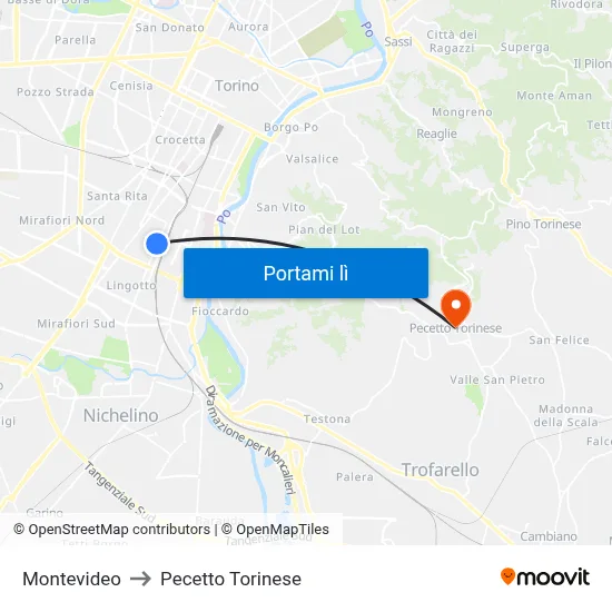 Montevideo to Pecetto Torinese map